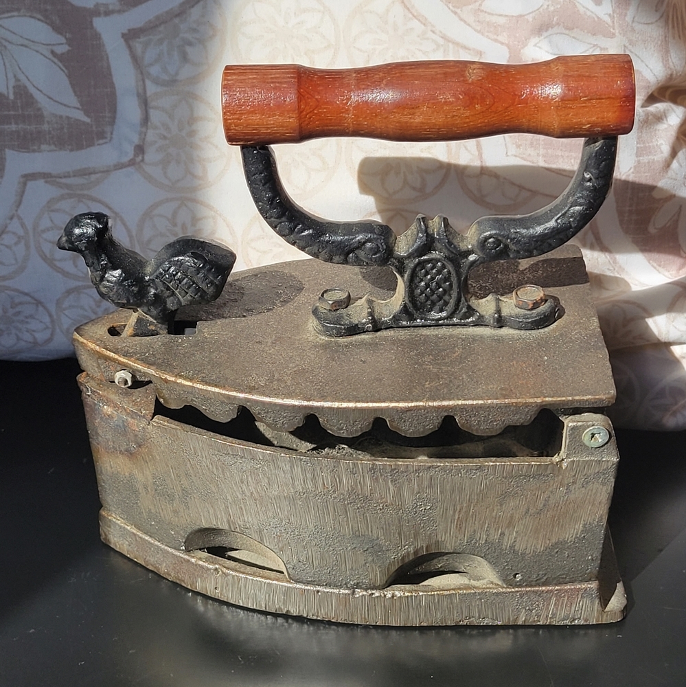 Antique Cast Iron Coal Iron With Rooster Latch and Wooden Handle